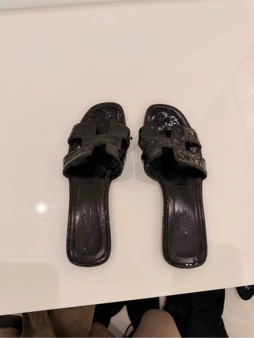 Hermes Black Patent Oran Slide Sandals for Women